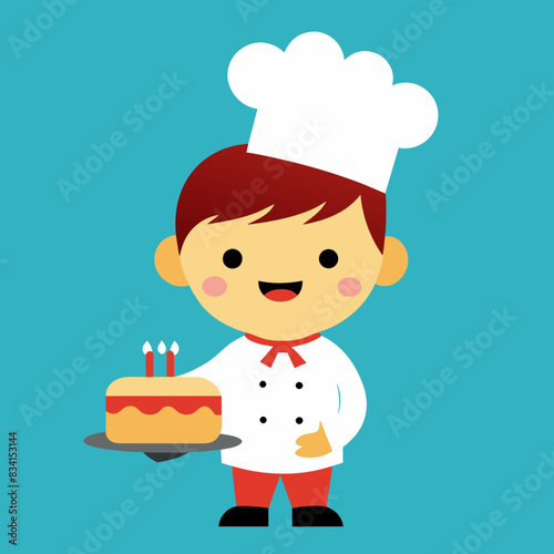 cartoon realistic isolated illustration of happy cute little kid boy wear chef uniform and cooking a birthday cake