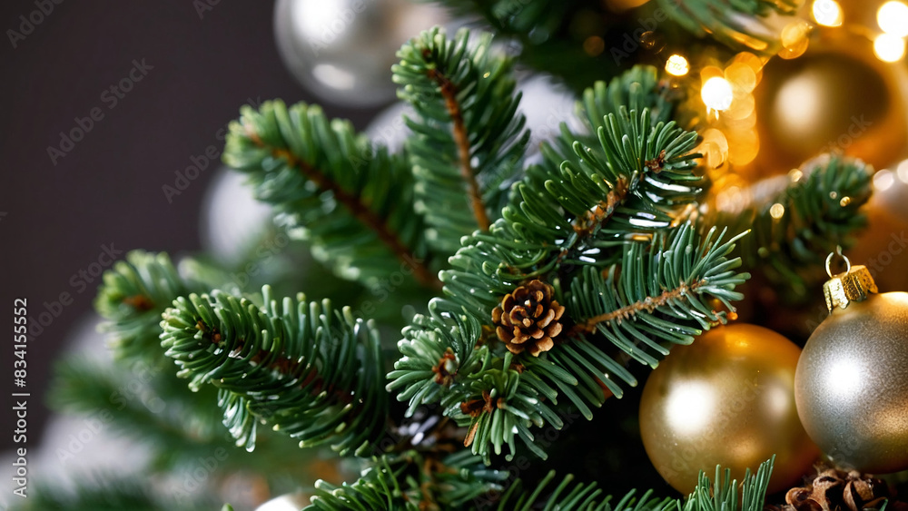 Fir branches close-up, adding a festive touch to New Year’s Eve Fir branches close-up, adding a festive touch to New Year’s Eve