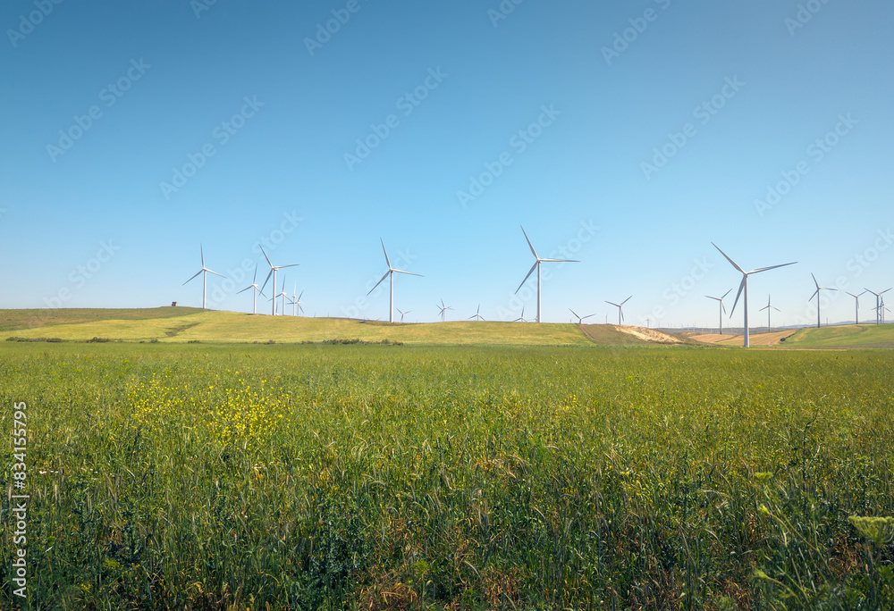 Renewable energy with wind turbines in green field Renewable energy with wind turbines in green field