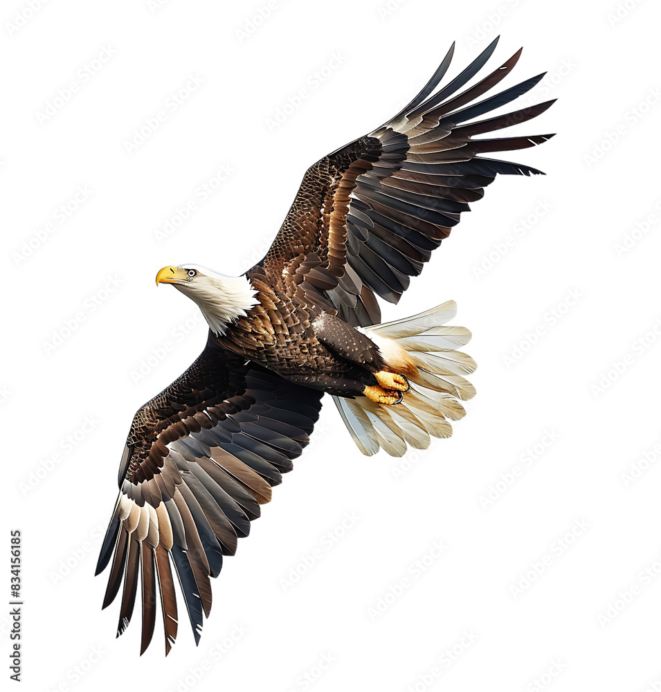 Bald eagle flying up on transparent isolated background