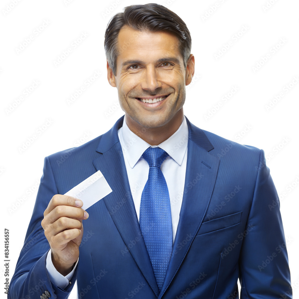 Smiling Businessman Holding Blank Business Card In Blue Suit Smiling Businessman Holding Blank Business Card In Blue Suit