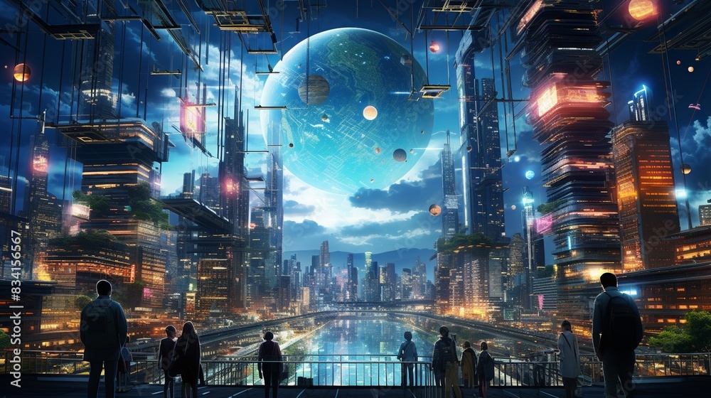 A futuristic metropolis with neon lights and people walking upside down on sky bridges 