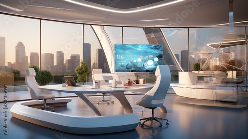 A futuristic office with smart glass walls  touch-screen interfaces  and sleek  modern furniturev 