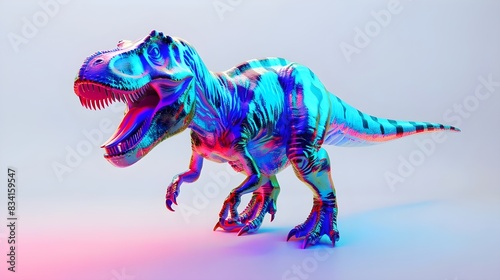 3D Holographic Virtual Reality Red and Blue T-Rex Dinosaur Predator Isolated On White Background (Generative AI) © Dee