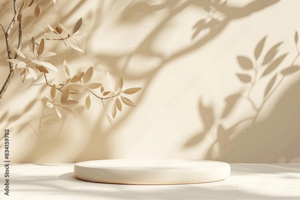 Mock up with round podium stone textured pedestal with natural soft shadow from leaves on beige background for product presentation or showcase Mock up with round podium stone textured pedestal with natural soft shadow from leaves on beige background for product presentation or showcase
