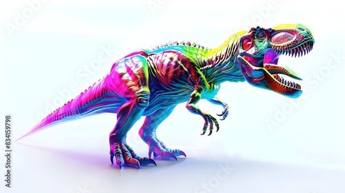 3D Holographic Virtual Reality Red and Blue T-Rex Dinosaur Predator Isolated On White Background  Generative AI 