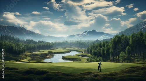 A golfer swinging their club on a lush green fairway, with a scenic golf course  photo