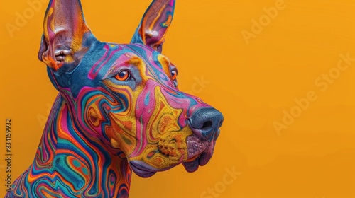 Hyper realistic image of a Doberman with intricate, vibrant body art against a yellow background. This striking piece captures beauty, boldness, and creativity.