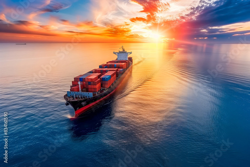 Container ship sailing at sunset in the ocean