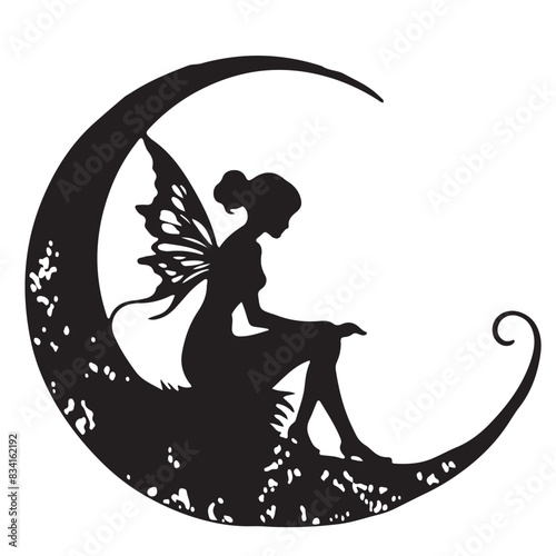 Moon with Fairy Sitting Silhouette Vector