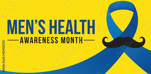 Men health awareness month poster or banner of blue ribbon. Vector no shave symbol for social solidarity event against man Movember healthcare prostate cancer campaign.