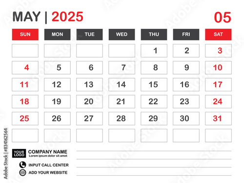 Calendar 2025 template, May 2025 layout, Desk calendar 2025 year, Wall calendar design, Week starts on sunday, Planner, Printing media, poster, organizer, advertisement, Red background, vector