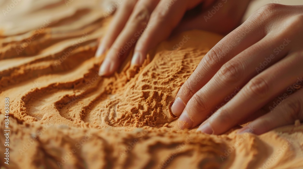 Hands molding patterns into the sand, close-up view Hands molding patterns into the sand, close-up view
