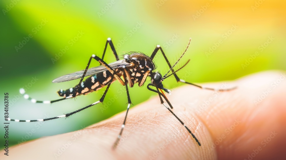 Close-up of a mosquito resting on human skin in natural light Close-up of a mosquito resting on human skin in natural light