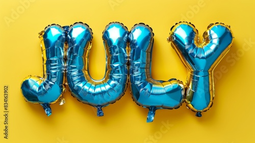 The word 'July' made of blue inflatable balloons isolated on a yellow background, evoking summer and celebration themes. © Sanja