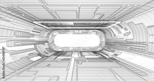 Futuristic low poly sci-fi laboratory or spaceship corridor with neon light. Vector illustration