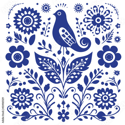 Scandinavian Blue Retro Folk Art Vector