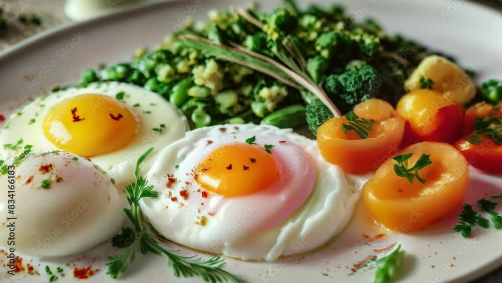 A white plate with eggs, peas, carrots, and vegetables is a beautiful culinary display