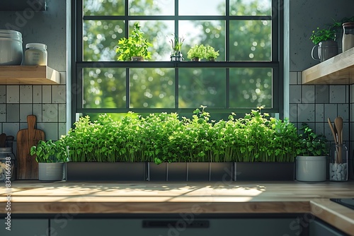 A well-lit kitchen with a large window showcasing an array of herbs and plants in pots on the windowsill. The plants add a touch of green to the space  creating a fresh and inviting atmosphere.