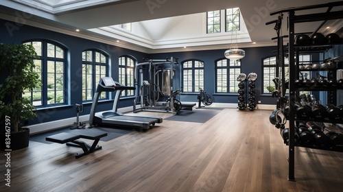 A home gym with space for yoga, weights, and cardio equipment 