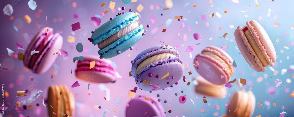 Colorful Macarons Falling Through Air