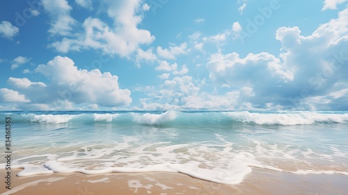 A hyperreal beach scene where the ocean is made of clouds and the sky is a sea of wate 