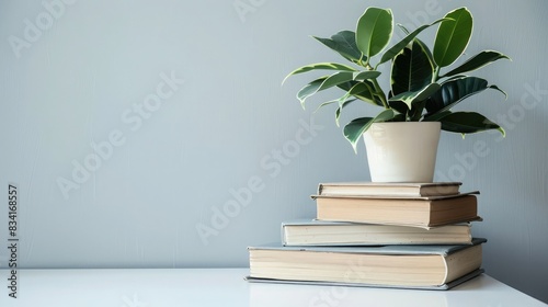 Books stacked on a white table with a potted plant, creating a clean and modern reading space