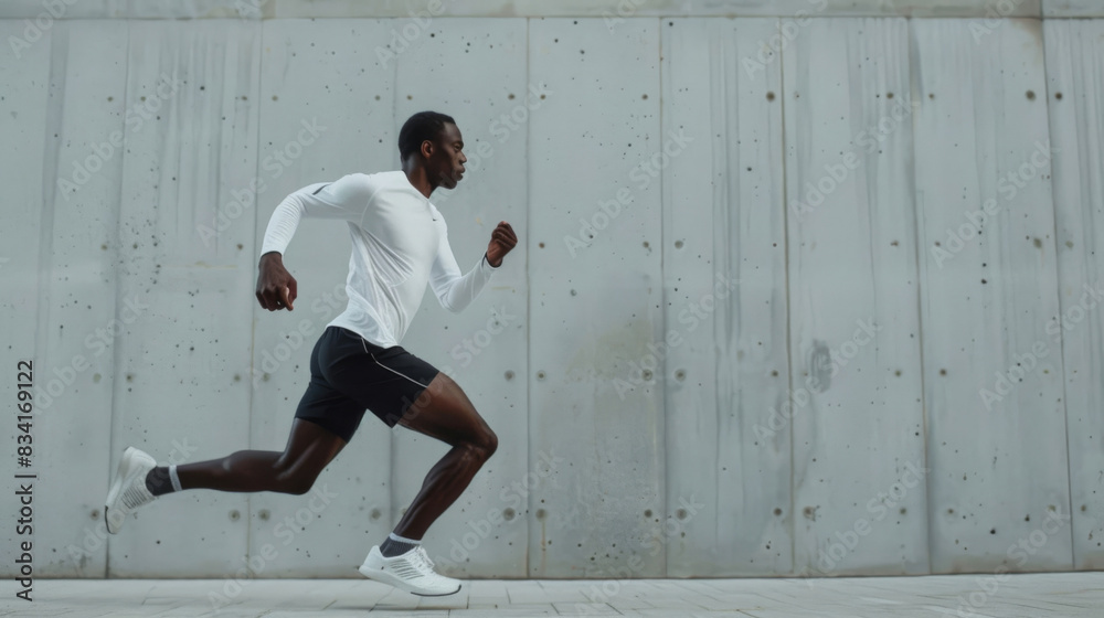 Dynamic image capturing a fit male runner sprinting along a concrete backdrop Dynamic image capturing a fit male runner sprinting along a concrete backdrop