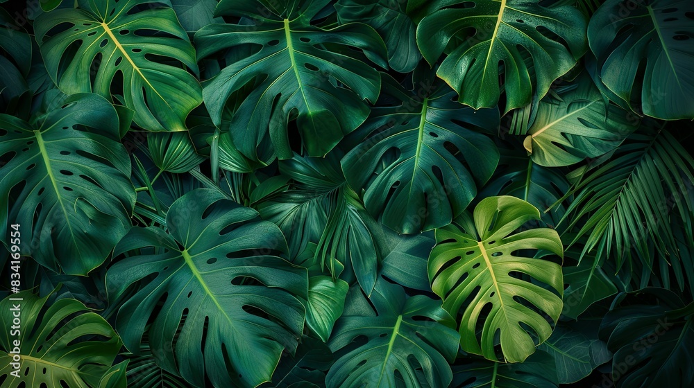 A Closeup of Tropical Plant Leaves in a Lush Garden, Unveiling a Symphony of Dark Green Hues and Intricate Patterns, Ideal for Spa Backgrounds, Wallpapers, and Ornamental Designs