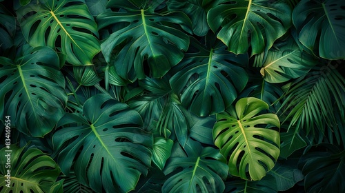 A Closeup of Tropical Plant Leaves in a Lush Garden, Unveiling a Symphony of Dark Green Hues and Intricate Patterns, Ideal for Spa Backgrounds, Wallpapers, and Ornamental Designs