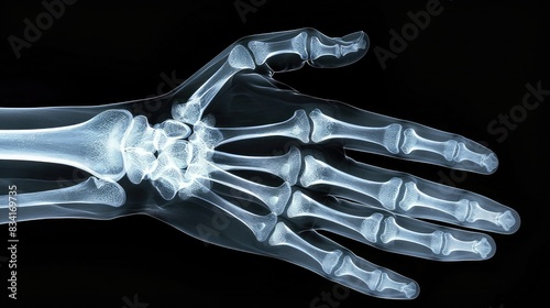 Detailed x-ray image of a human hand with visible bones and joints, showcasing medical imaging