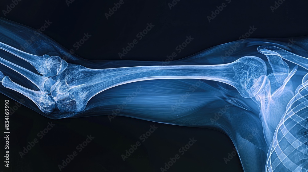 Detailed x-ray of a human elbow, focusing on the bones and joint structure Detailed x-ray of a human elbow, focusing on the bones and joint structure