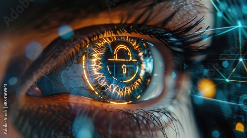 Digital composite of a human eye with a lock icon  symbolizing biometric security and identity verification