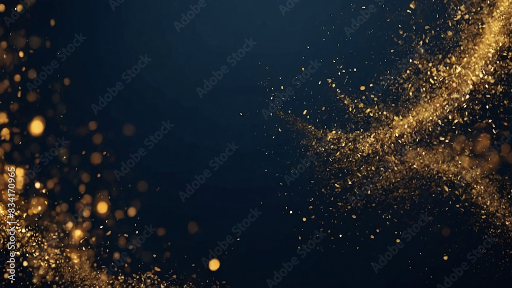 Abstract background with golden stars, particles and sparkling on dark blue background