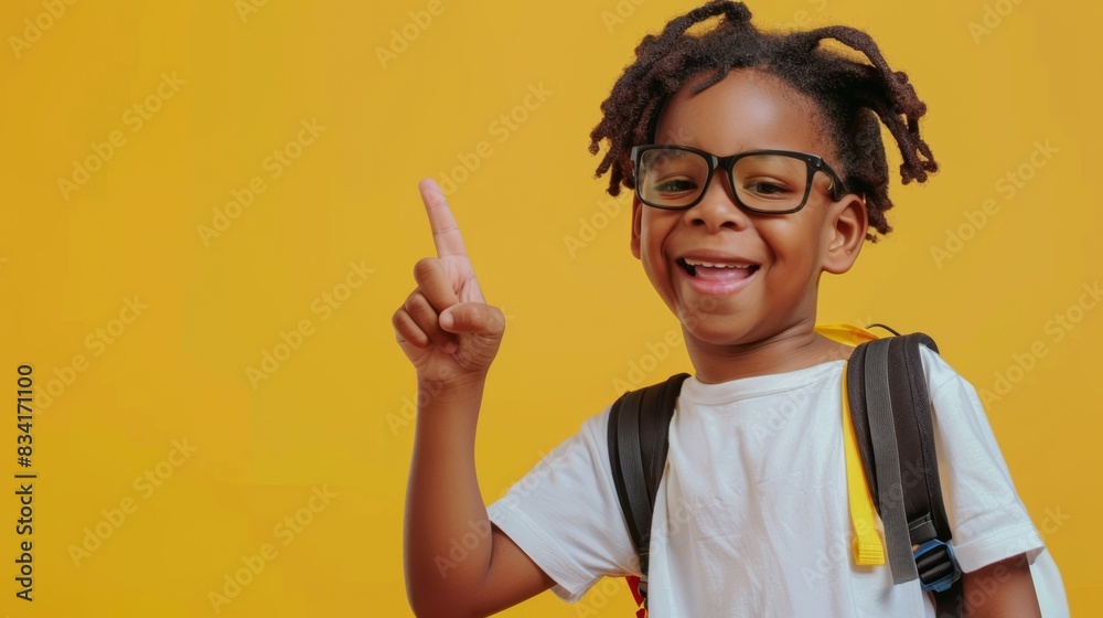 A young boy wearing glasses and a backpack is pointing to the camera with his finger. A young boy wearing glasses and a backpack is pointing to the camera with his finger.
