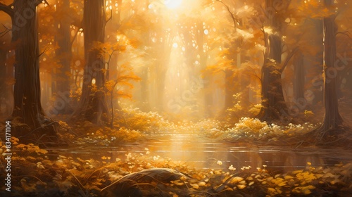 Panoramic image of a beautiful autumn forest in the sunlight.