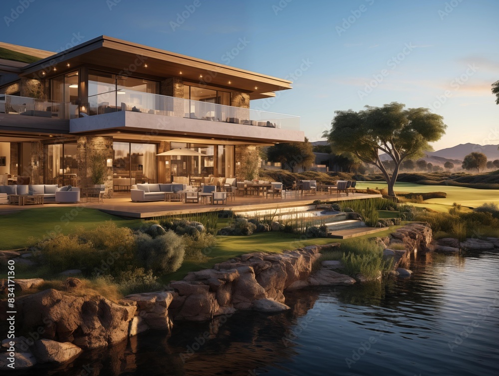 Sunset View of a Modern House by a Lake
