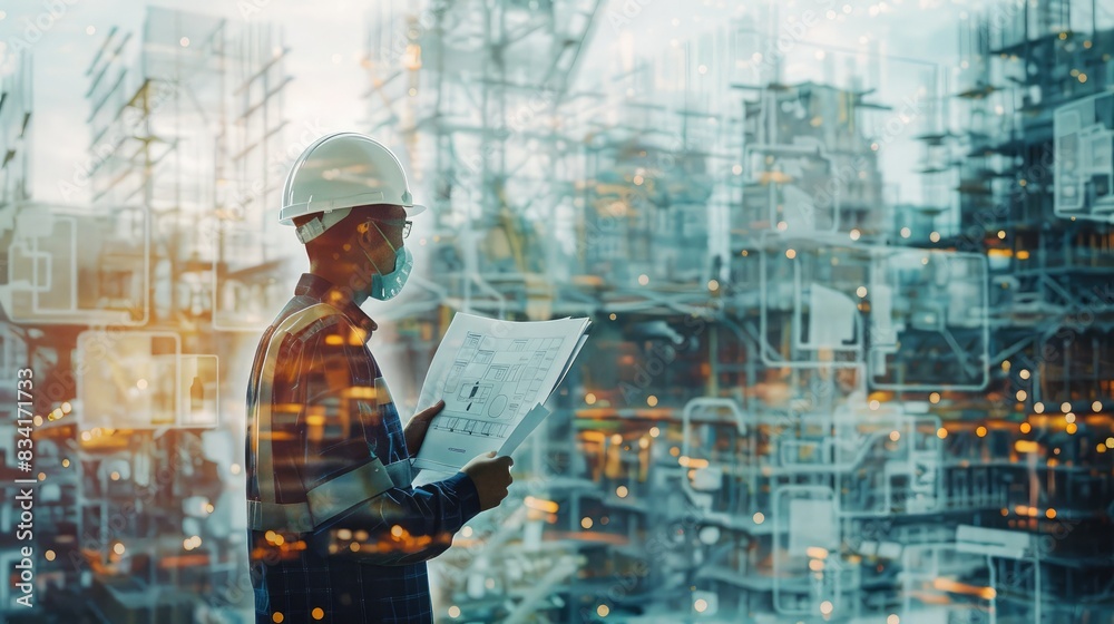 Engineer with a blueprint and a construction site in the background ...
