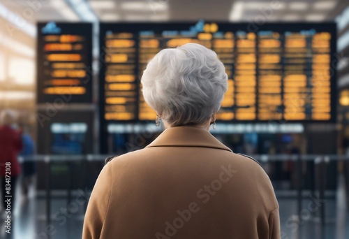An older woman seen exactly from behind who is looking in the direction of an airport information board