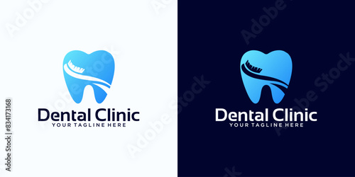 dental care logo design with tooth and toothbrush concept