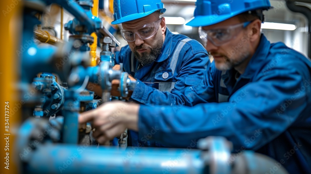 Two men in blue work clothes are fixing a pipe, profession engineer Two men in blue work clothes are fixing a pipe, profession engineer