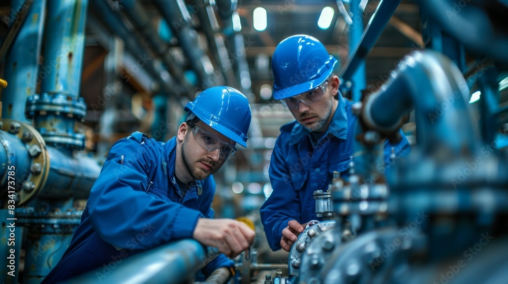 Two men in blue work clothes are inspecting a pipe, profession engineer Two men in blue work clothes are inspecting a pipe, profession engineer