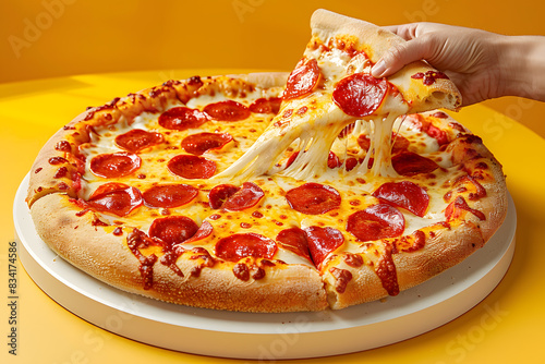 Slice of pepperoni pizza in hand. Top view on paperoni pizza. Concept for italian food, street food, fast food, quick bite