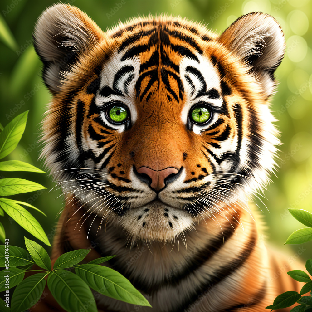 Obraz premium A close-up of a tiger's face, with its eyes wide open and surrounded by green leaves.