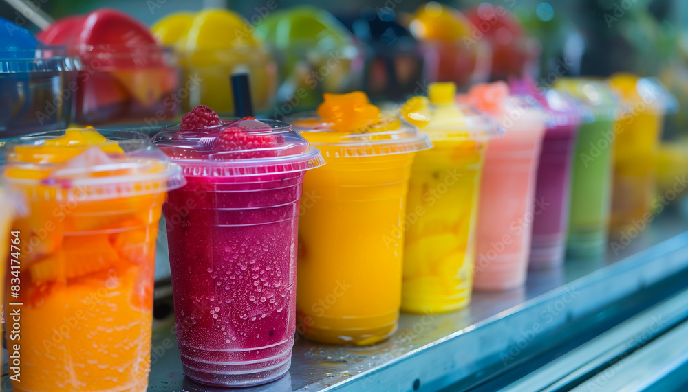 Colorful fruit smoothies in takeaway cups displayed on counter, healthy lifestyle and nutritious. Fruit juices in shop window Colorful fruit smoothies in takeaway cups displayed on counter, healthy lifestyle and nutritious. Fruit juices in shop window