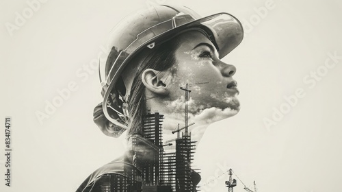 Portrait of a female engineer with a double exposure effect showing a skyscraper under construction