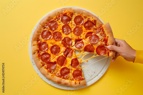 Slice of pepperoni pizza in hand. Top view on paperoni pizza. Concept for italian food, street food, fast food, quick bite