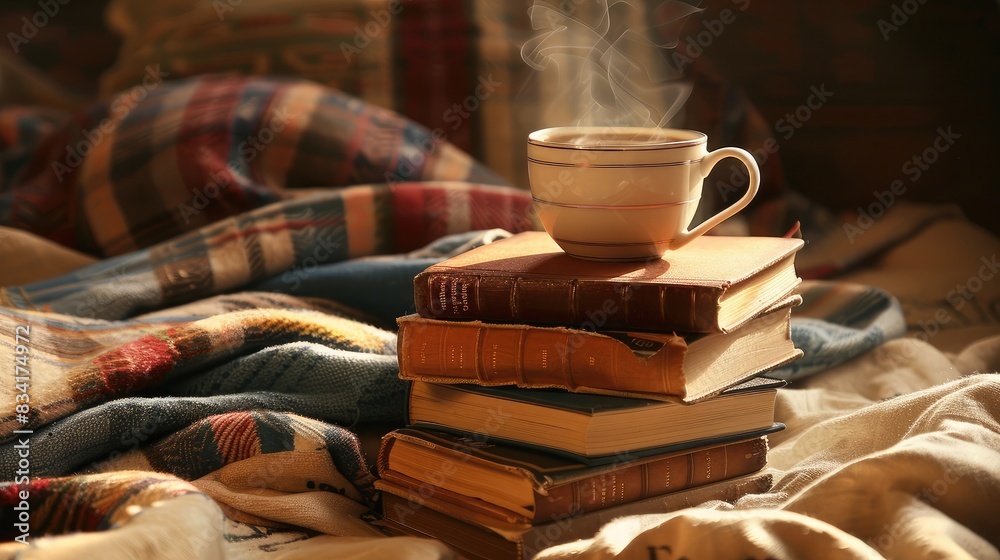Stack of hardcover books with a steaming cup of coffee on top, creating a cozy reading nook atmosphere