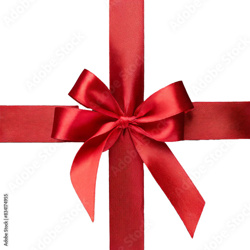 red ribbon bow isolated on transparent background. , satin texture, festive, decoration, holiday gifts