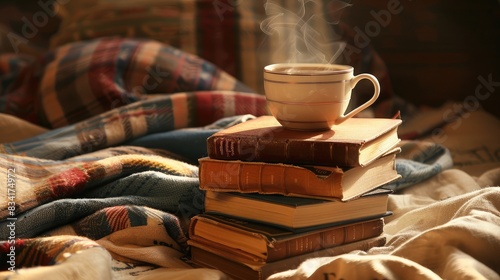 Obraz na płótnie Stack of hardcover books with a steaming cup of coffee on top, creating a cozy reading nook atmosphere w salonie
